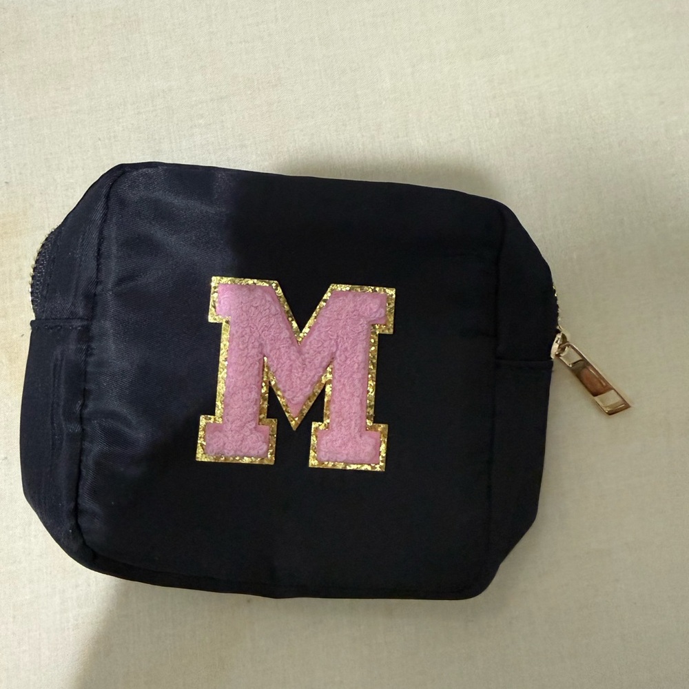Black Cosmetic Pouch with Pink 'M' and Gold Trim